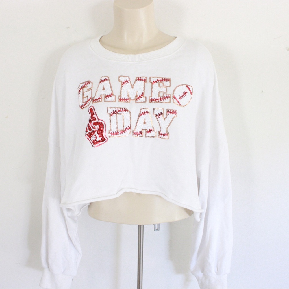 GAME DAY Sequin Tassel Cropped Sweatshirt Small
